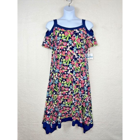 Rafaella Dress Blue Pink Green Lily Floral Cold Shoulder Handkerchief Hem Sz XL - Picture 9 of 9